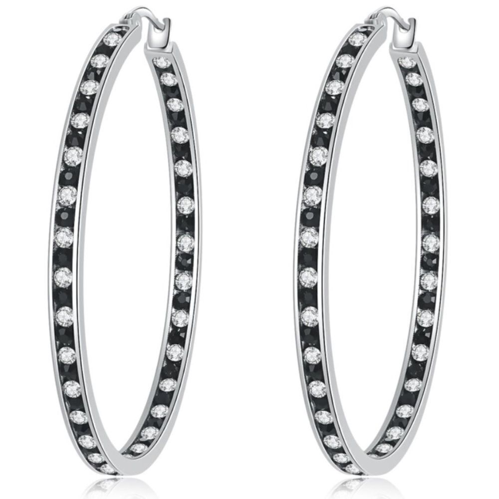 14K White Gold with Black Onyx and White Diamond Cubic Zirconia Hoop Earrings